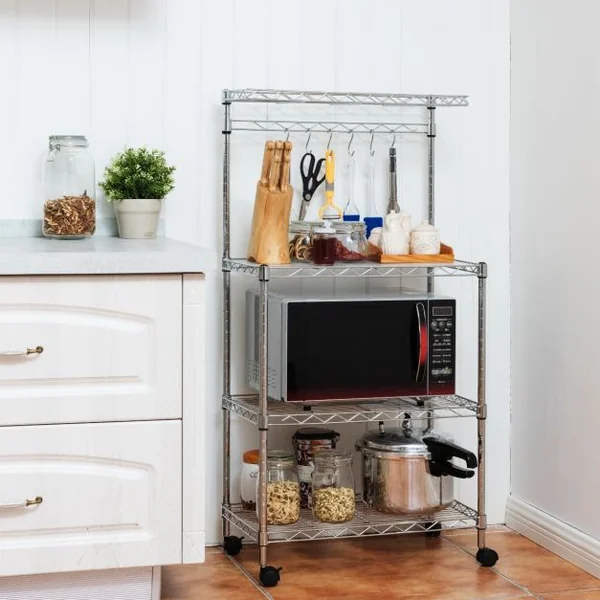 Étagère pour Micro-ondes à Roulettes Rangement de Cuisine à 4 Niveaux pour Epices en Métal 62x35x119cm Argenté