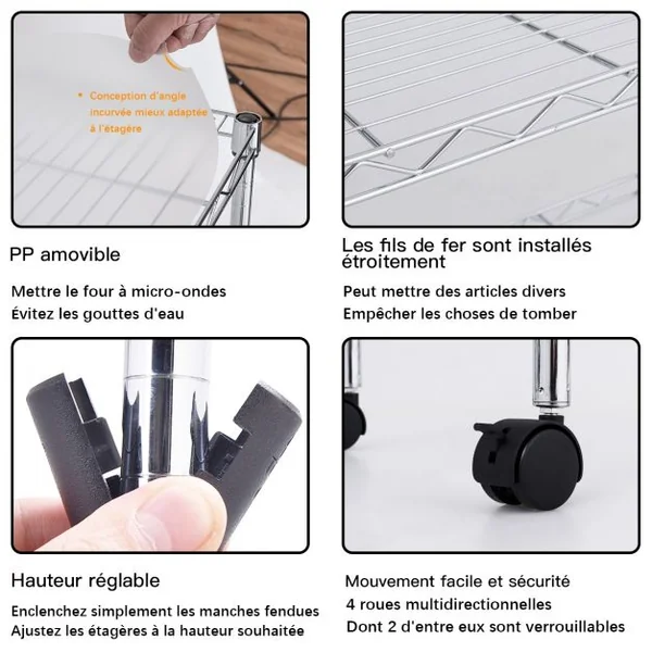 Étagère pour Micro-ondes à Roulettes Rangement de Cuisine à 4 Niveaux pour Epices en Métal 62x35x119cm Argenté