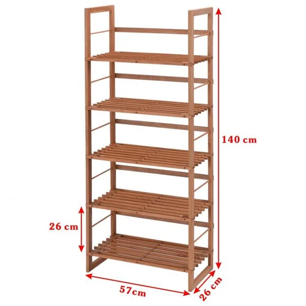 Étagère à chaussures Porte-chaussures 5 niveaux Bibliothèque Etagère de rangement, en pin massif, 57x26x140 cm, Naturel