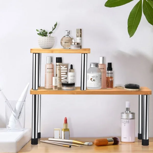Étagère à Épices avec 2 Niveaux en Bambou et Acier inox Étagère Rangement Rectangle