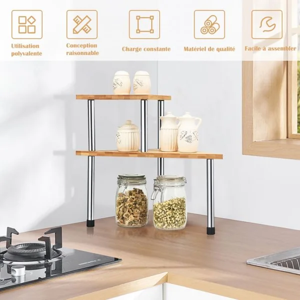 Étagère à Épices avec 2 Niveaux en Bambou et Acier inox Étagère Rangement Triangle