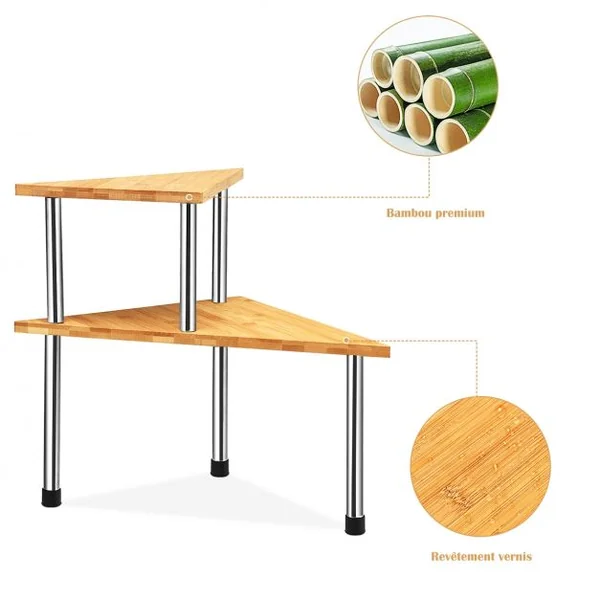 Étagère à Épices avec 2 Niveaux en Bambou et Acier inox Étagère Rangement Triangle